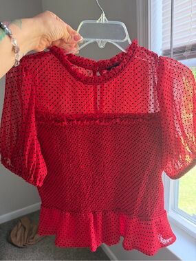 Express Red Polka Dot Ruffle Sleeve Blouse